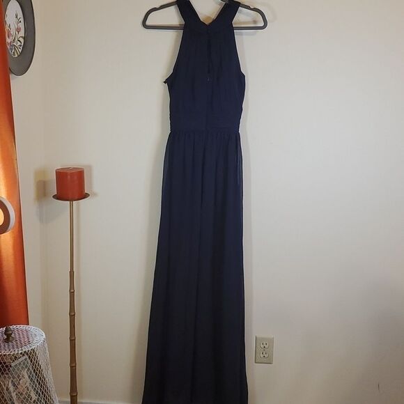 NWT Adrianna Papell Midnight Blue Halter Chiffon keyhole Maxi Gown Size 4 - Picture 7 of 12